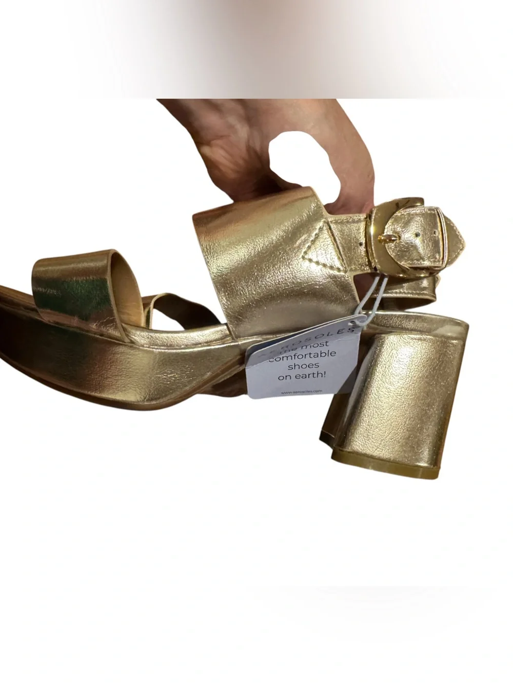 New AEROSOLES Camilia Round Toe Metallic Gold Platform Sandal Comfort Block Heel